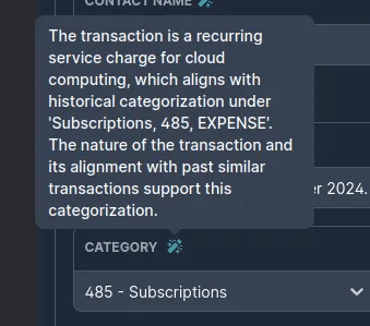 AI learning tooltip showing similar transactions