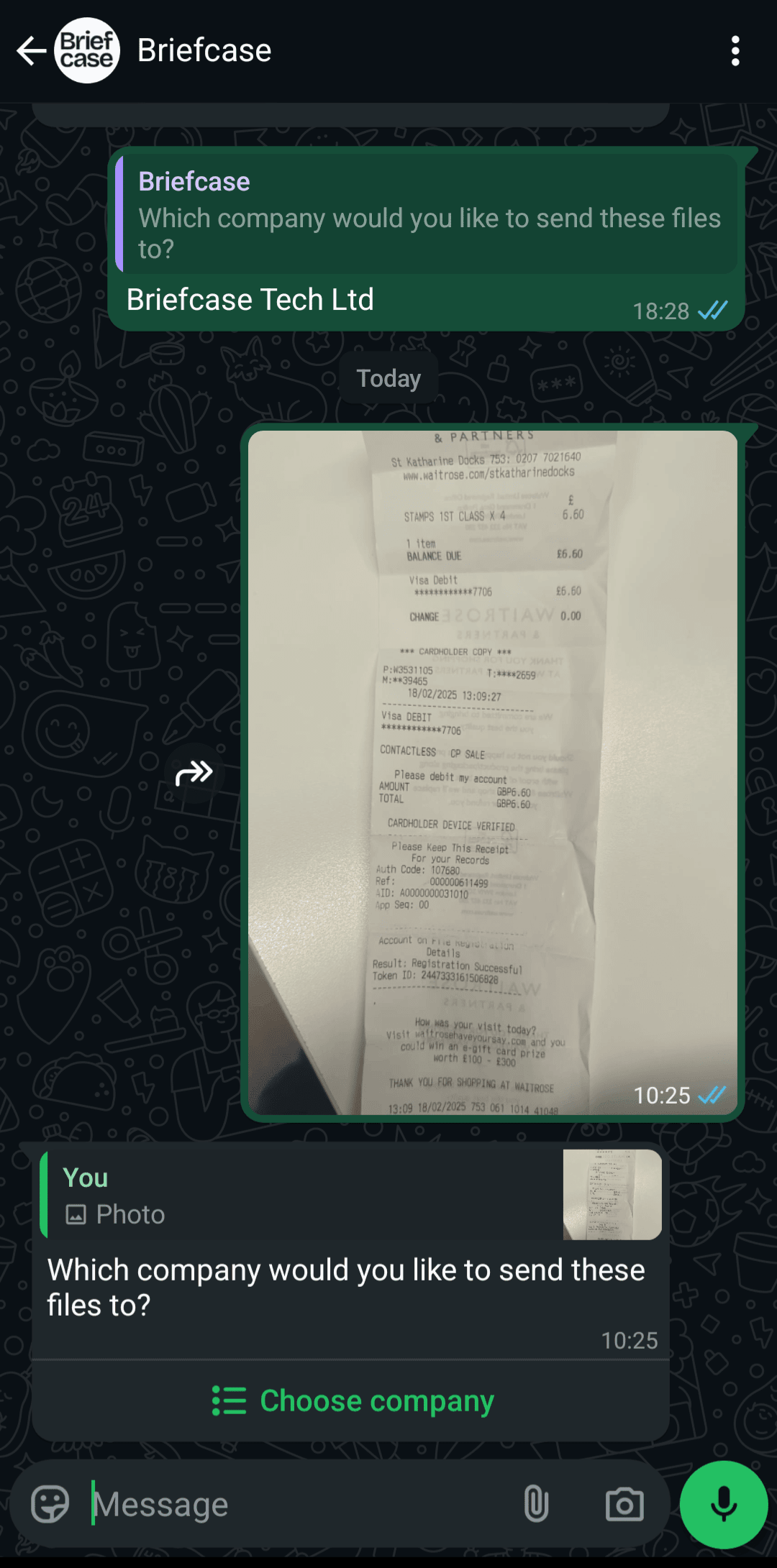 WhatsApp conversation with Briefcase