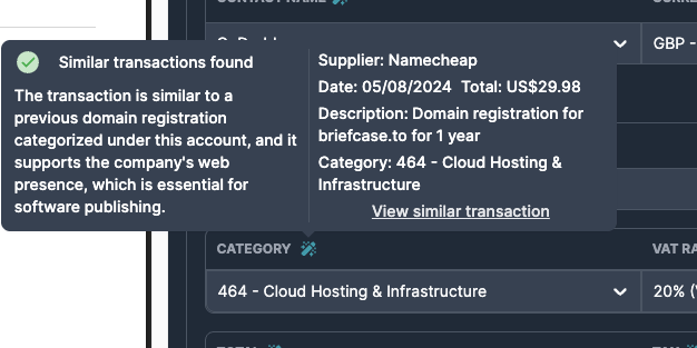 AI learning trail showing similar historical transactions