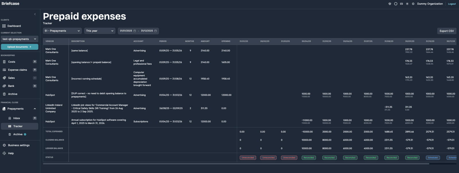 Prepayment tracker reconciling against QuickBooks ledger