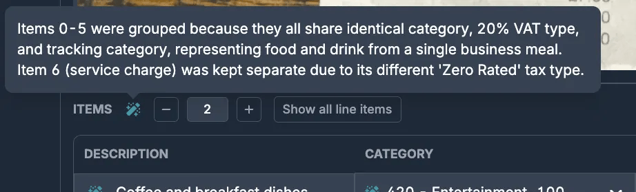 Line item grouping interface showing grouped entries