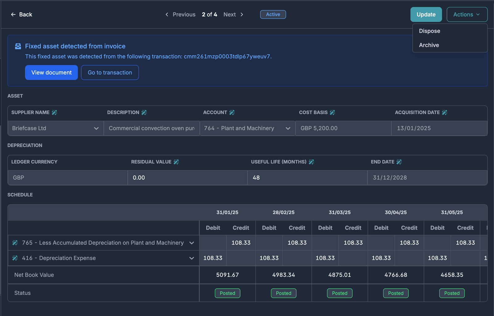 Actions menu with Dispose option on a fixed asset