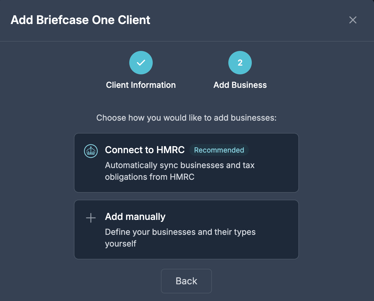 BriefcaseOne onboarding with HMRC connection option