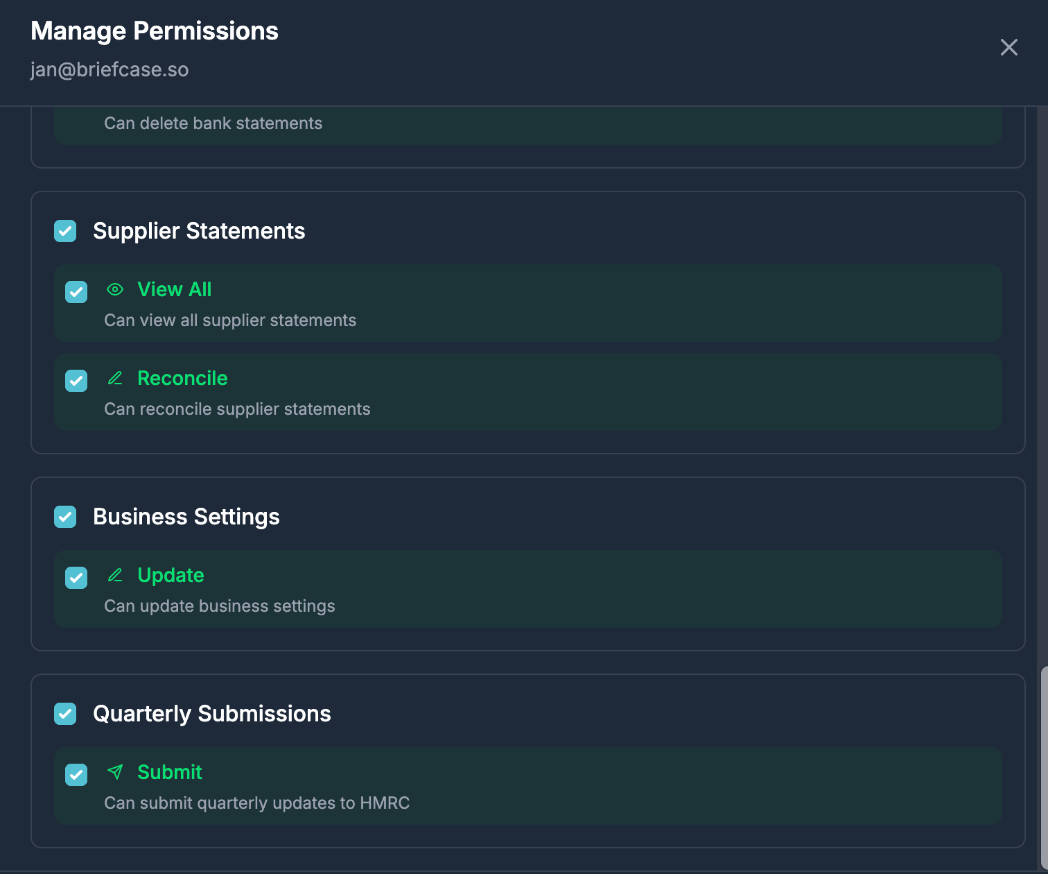 Permission selector showing Quarterly Submissions submit permission