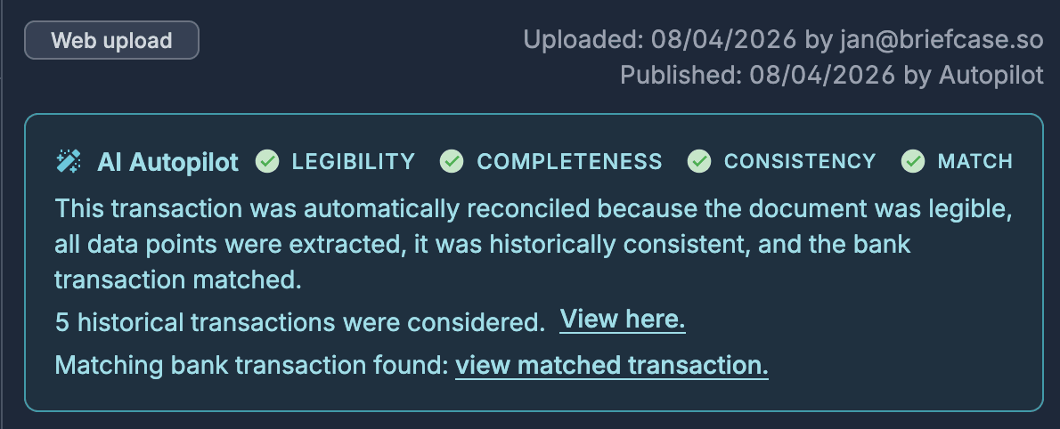 Bank transaction reconciled with a matching invoice