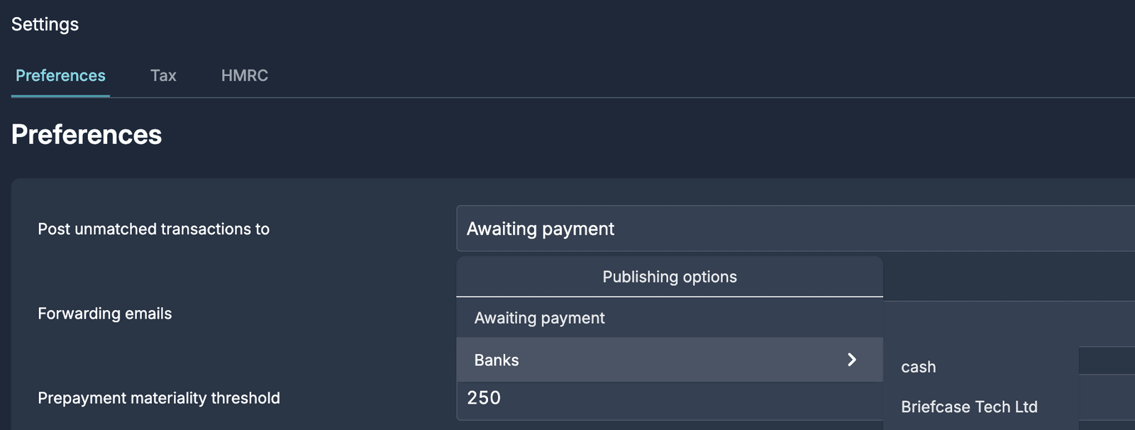 Configuring the default posting destination for unmatched transactions in Business settings