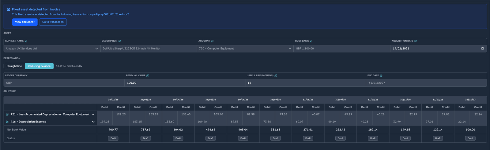 Reducing balance depreciation schedule with effective rate preview in the Fixed Assets UI
