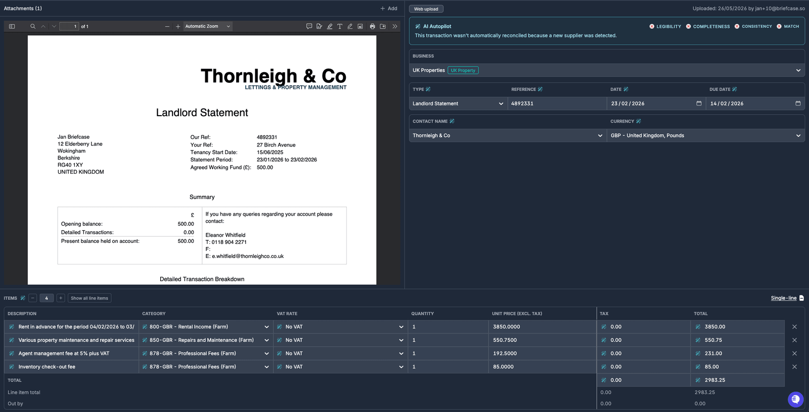 Landlord statement with sales and cost line items extracted separately