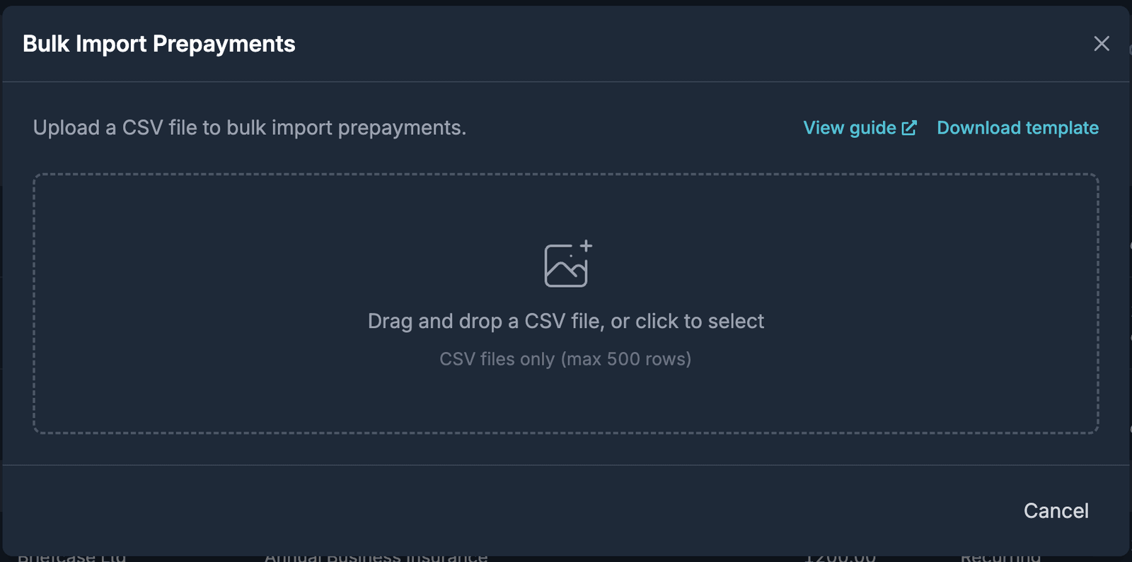 Bulk Import Prepayments modal with a drag-and-drop CSV upload area and View guide and Download template links