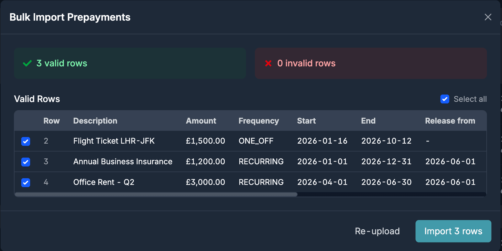 CSV validation view showing valid and invalid row counts, a table of parsed prepayment rows, and an Import rows button