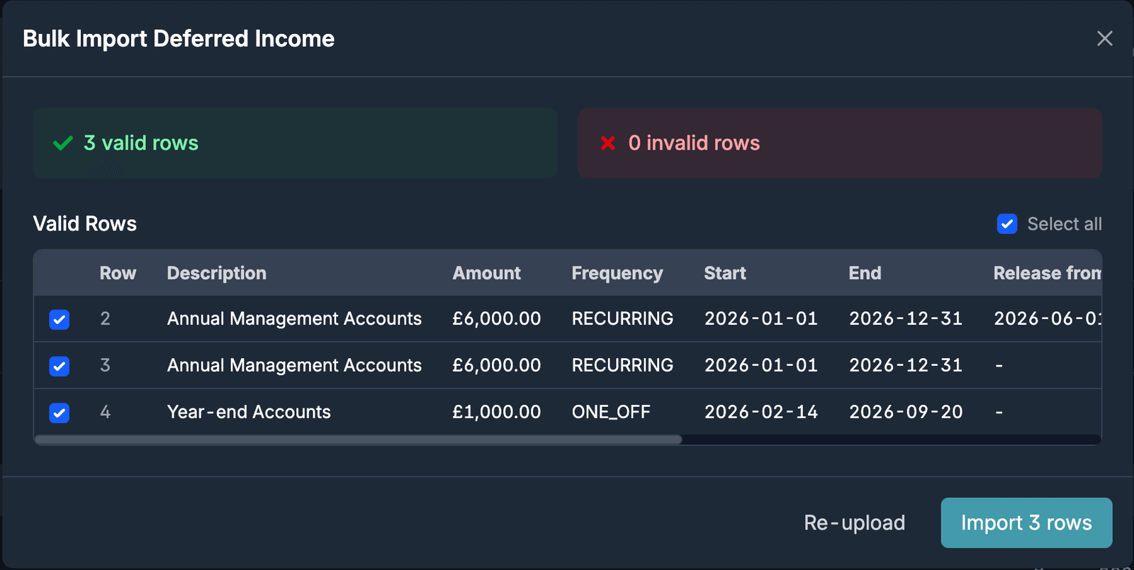 CSV validation view showing parsed deferred income rows with errors flagged row by row and an Import rows button