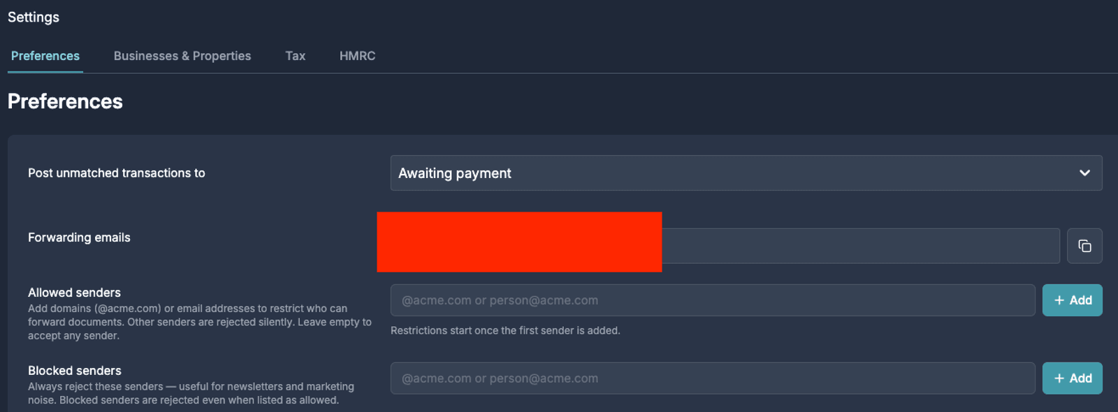 Business Settings email forwarding filter with allowed and blocked sender lists