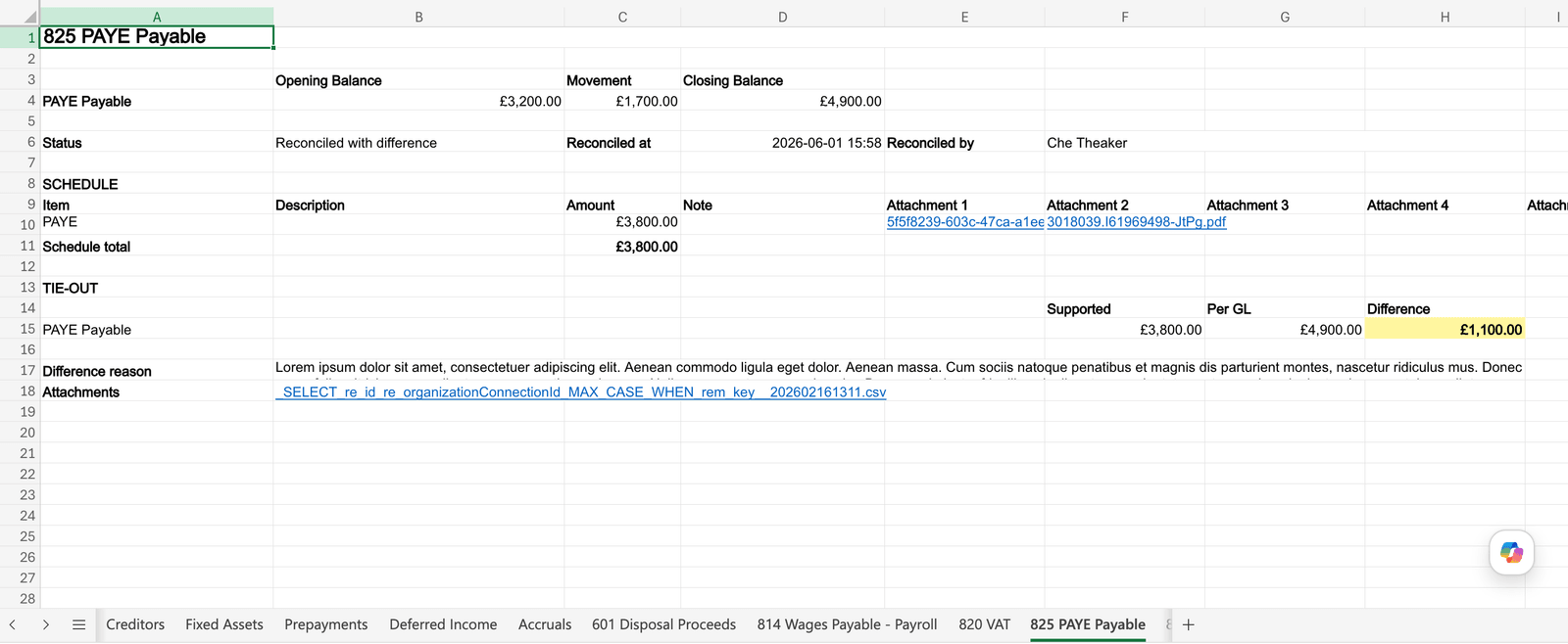 PAYE Payable tab in Excel showing opening, movement and closing balances, who reconciled it and when, the schedule with linked attachments, and a tie-out highlighting the reconciled difference