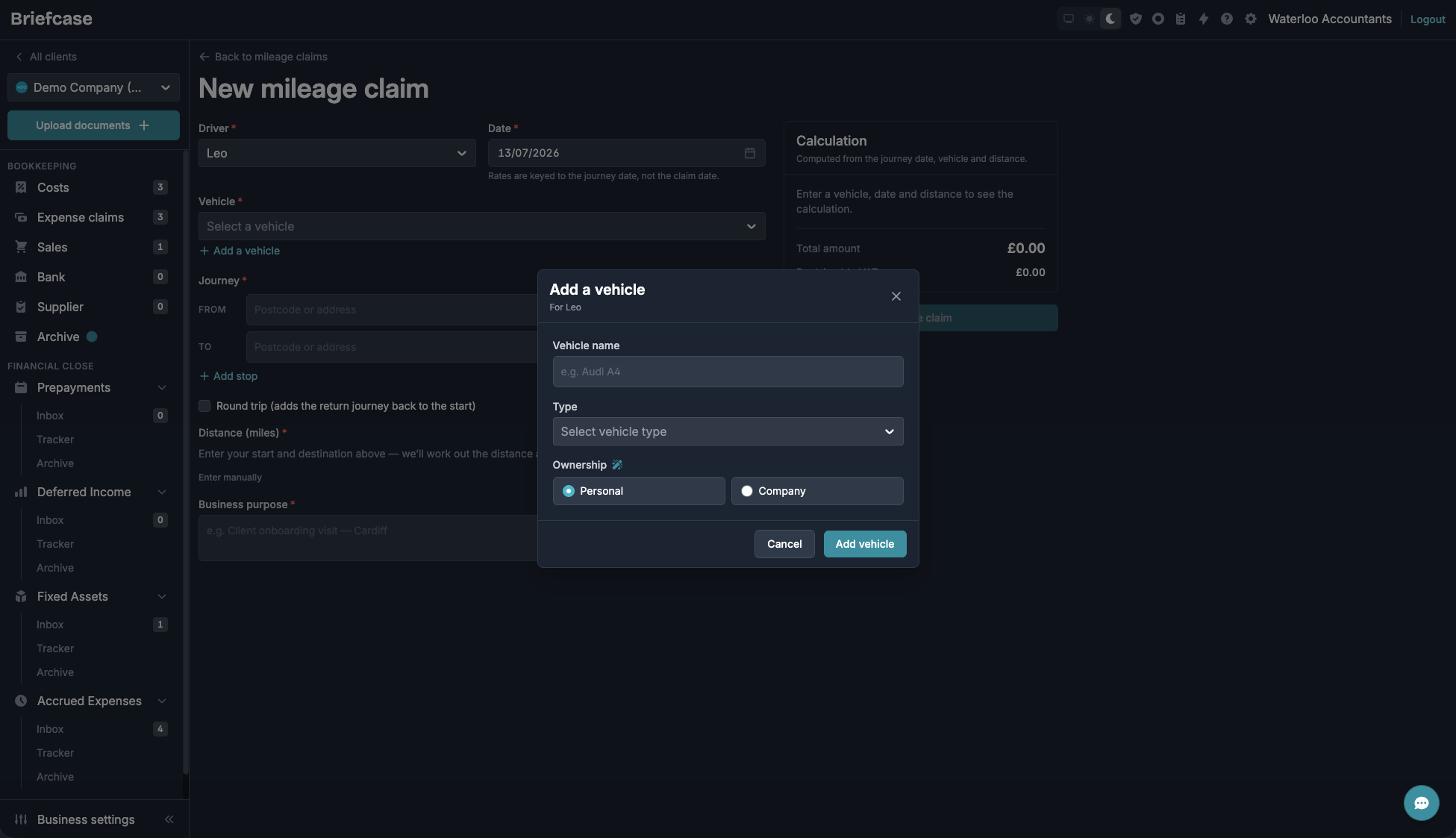 New mileage claim page with the “Add a vehicle” modal open, showing fields for vehicle name, type and personal or company ownership
