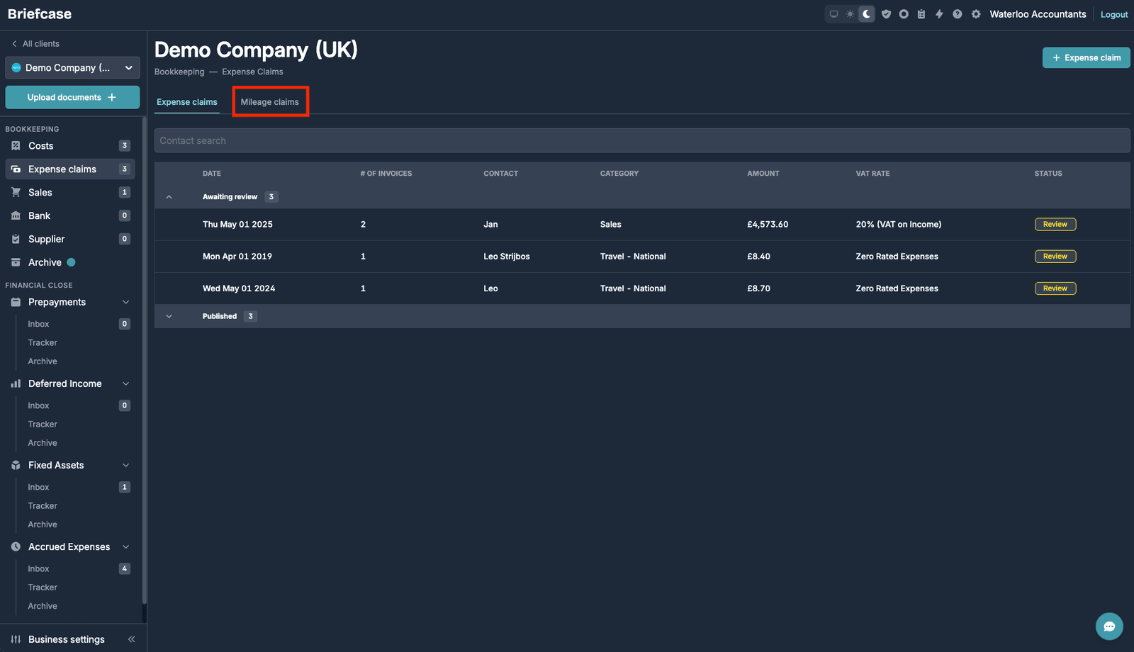 Expense Claims page with the Mileage Claims tab highlighted next to the Expense claims tab