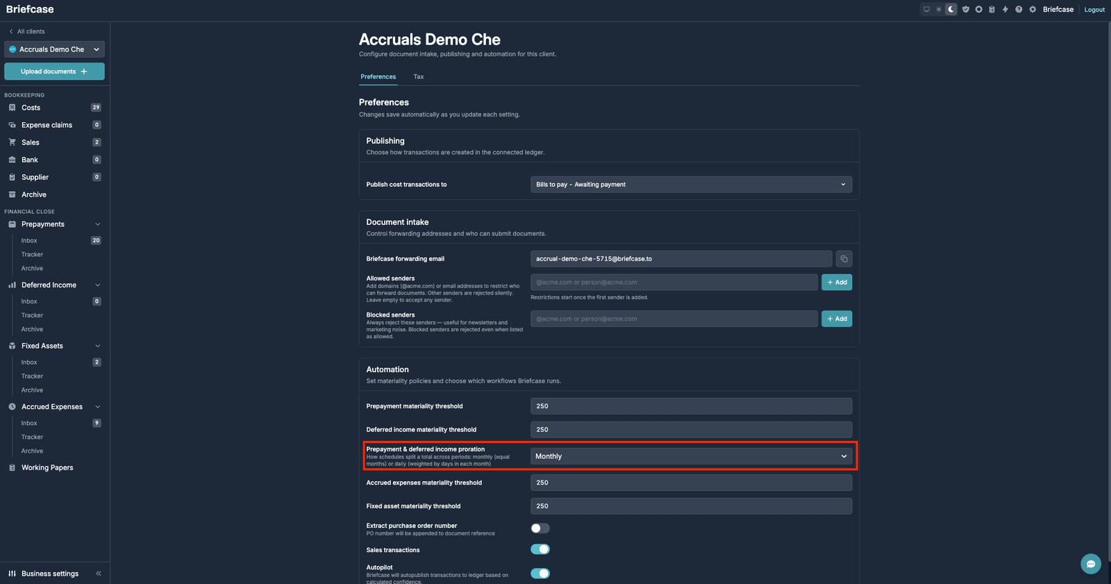 Business settings Automation section with the “Prepayment & deferred income proration” dropdown highlighted, set to Monthly