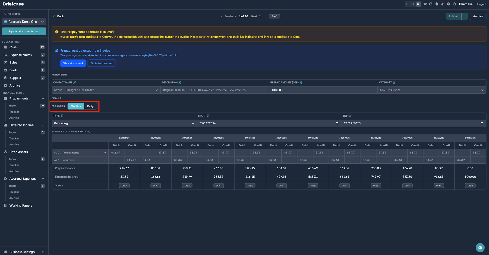 Prepayment schedule page with the Proration toggle highlighted, offering Monthly and Daily options above the amortisation schedule