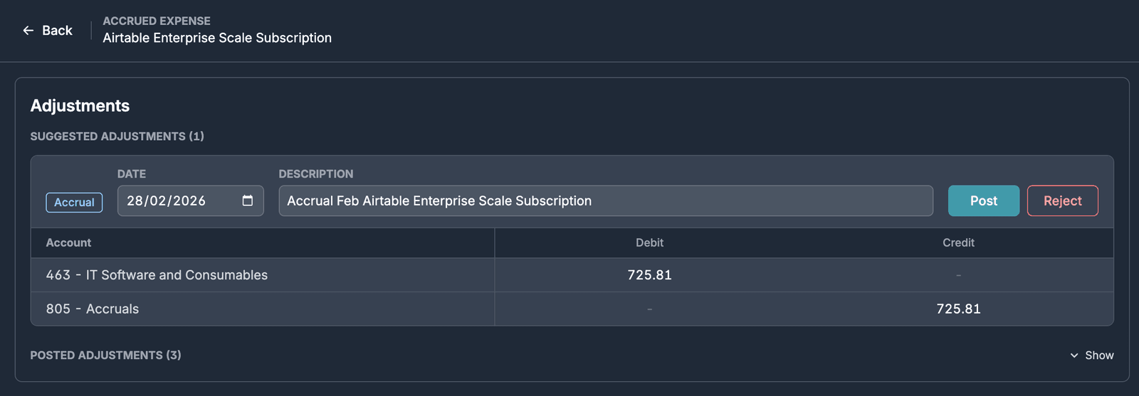 Accrued expense page for an Airtable Enterprise Scale Subscription showing a suggested accrual adjustment dated 28/02/2026, debiting IT Software and Consumables and crediting Accruals for 725.81, with Post and Reject buttons