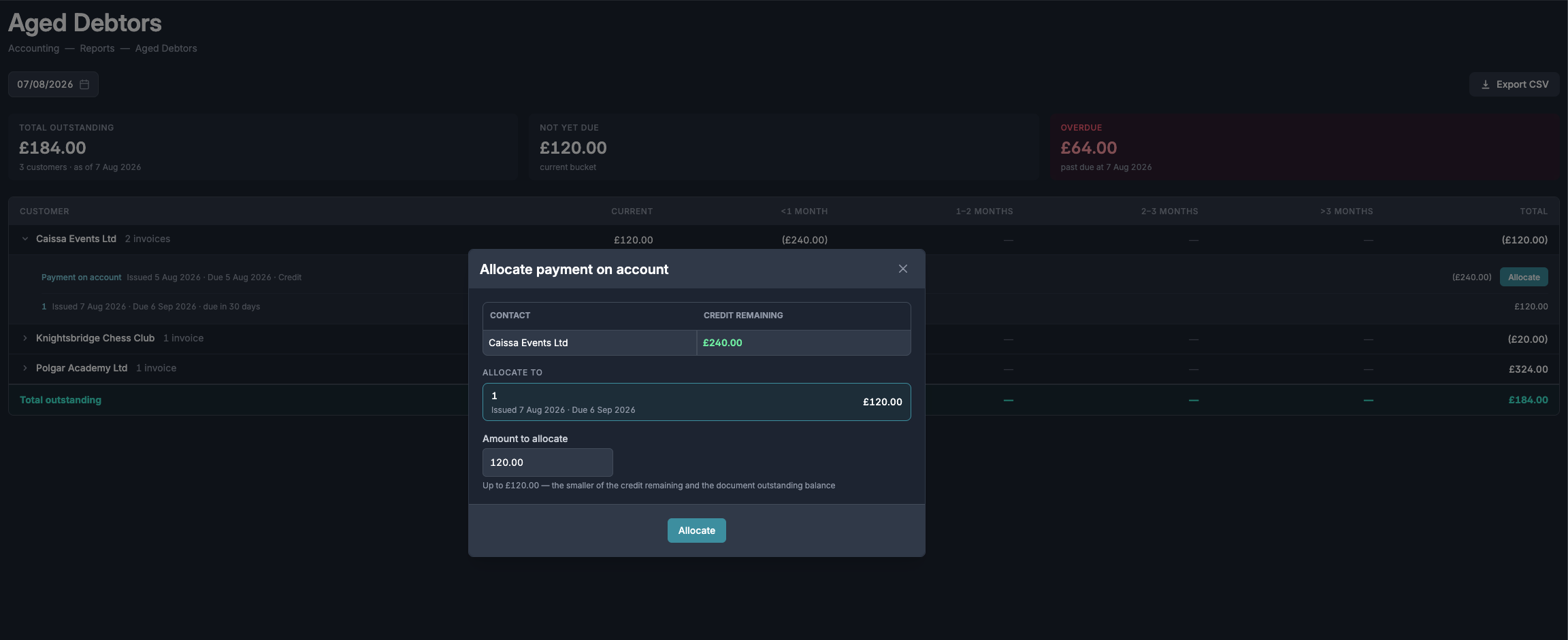 Aged debtors report with a customer expanded to show a payment on account, and the allocate modal open against one of their unsettled invoices