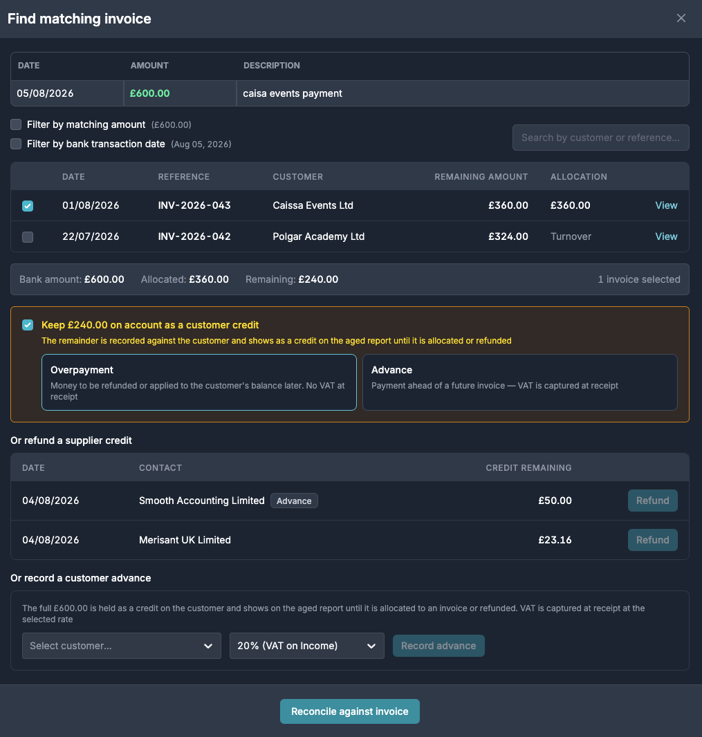 Find matching invoice modal: a bank receipt larger than the selected invoice, with the option to keep the remainder on account as an overpayment or an advance
