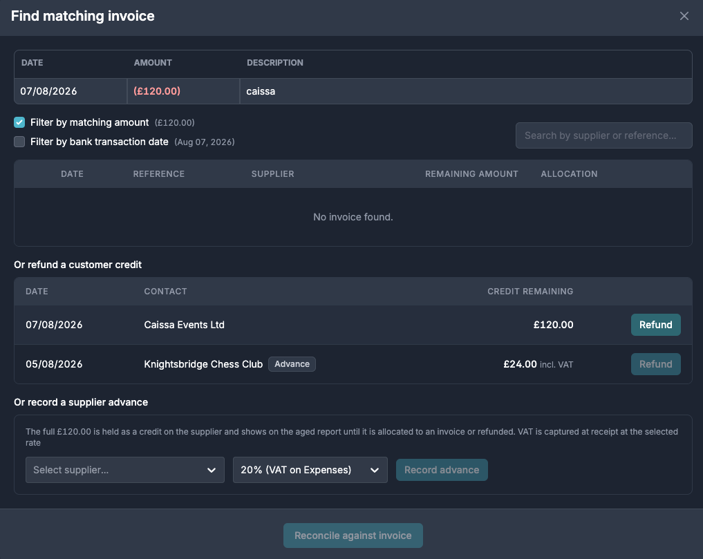 Find matching invoice modal for an outgoing bank transaction, listing open customer credits with their remaining amounts and a refund action