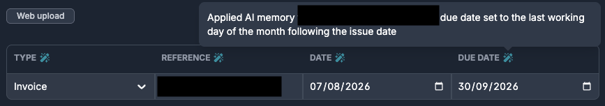 Transaction header showing an Applied AI memory tooltip explaining that the due date was set to the last working day of the month following the issue date