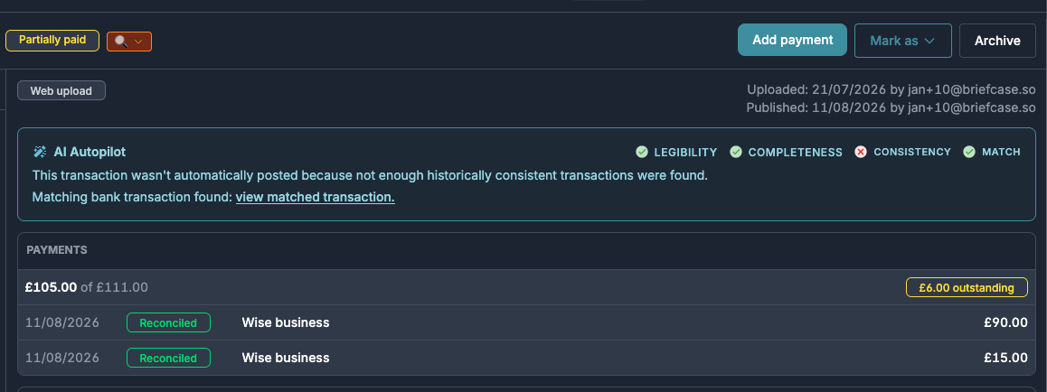 Transaction details page with a Partially paid status badge and a payments section showing £105.00 paid of £111.00, two reconciled bank payments, and £6.00 outstanding