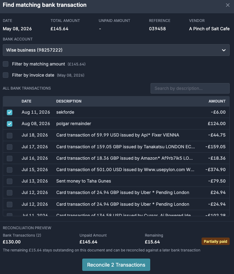 Find matching bank transaction modal with two bank transactions selected against an invoice, and a reconciliation preview showing the unpaid amount, the remaining balance, and a Partially paid status