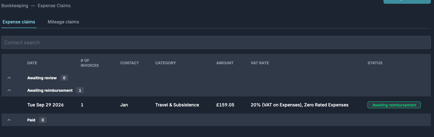 Expense claims page with claims grouped into Awaiting review, Awaiting reimbursement, and Paid sections, showing an approved claim with its contact, category, amount, VAT rates, and an Awaiting reimbursement status badge