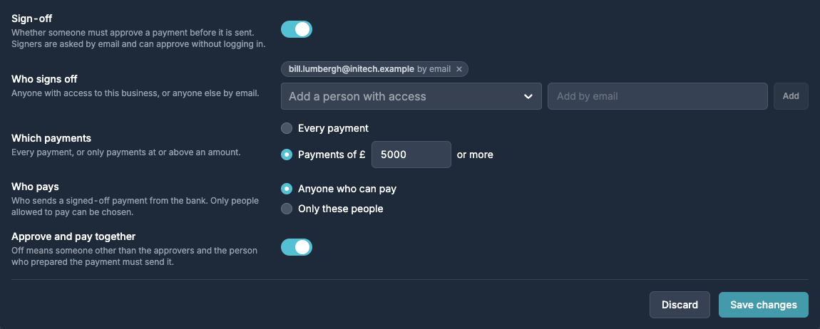 Payment approval settings with sign-off switched on, an approver added by email, sign-off required for payments of £5,000 or more, anyone who can pay allowed to send signed-off payments, and approve and pay together switched on