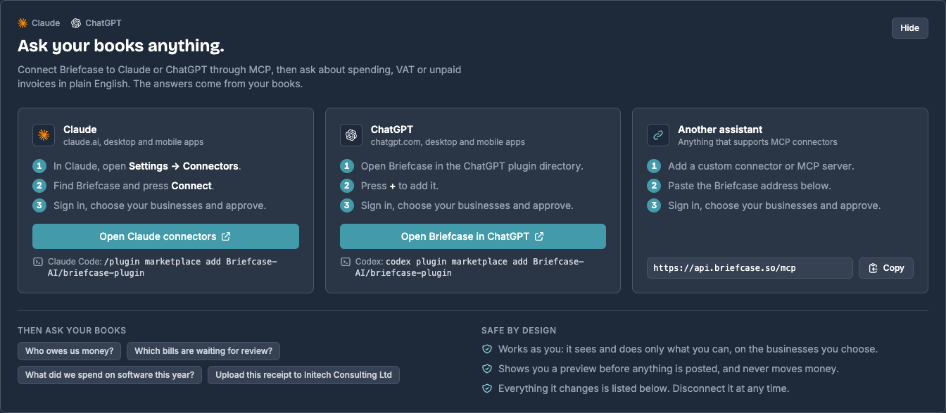 Connect an assistant guide with step-by-step cards for Claude, ChatGPT and any other MCP assistant, example questions to ask your books, and a summary of how it stays safe