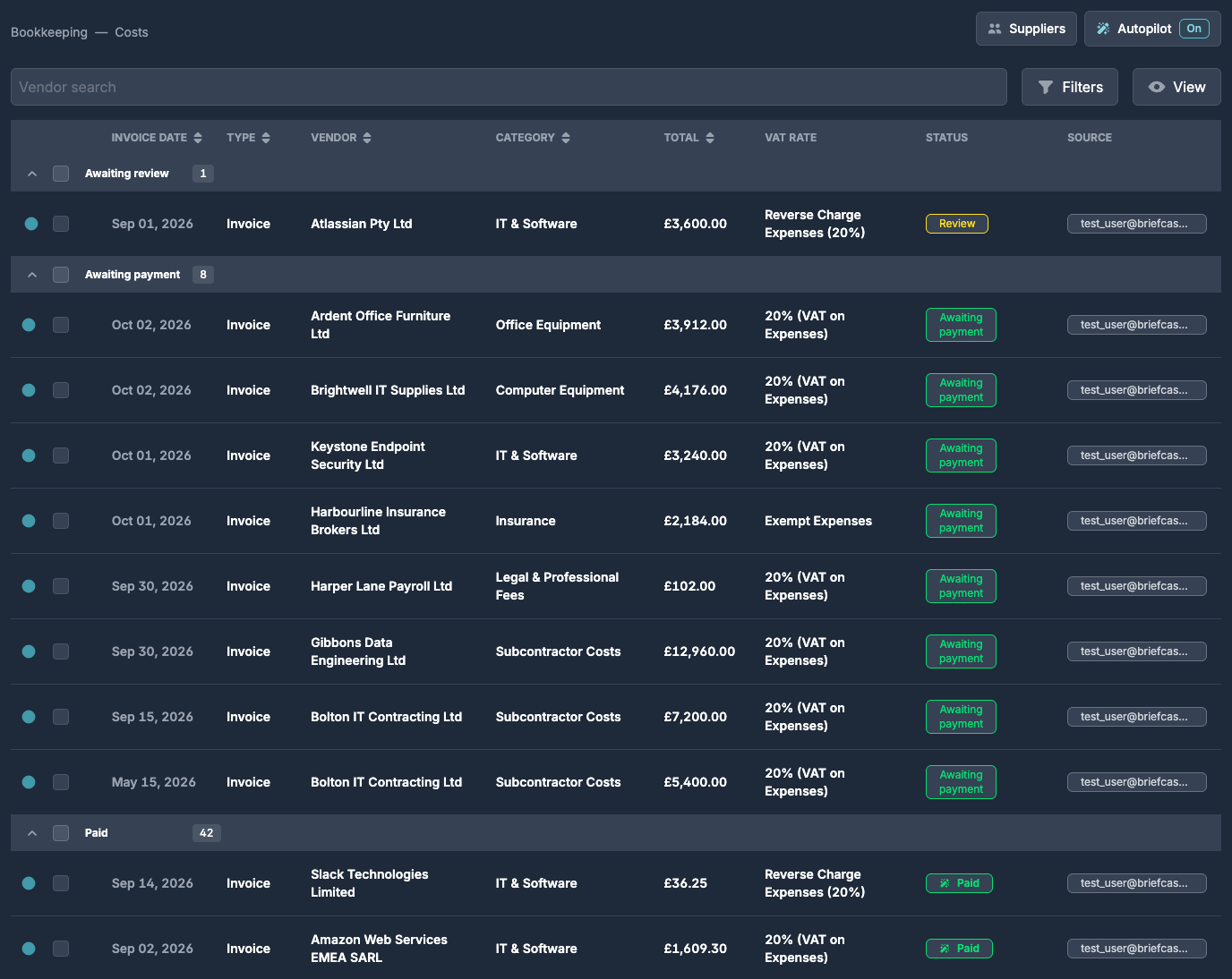 Costs inbox with Autopilot switched on, one bill awaiting review, eight published bills awaiting payment with their vendor, category, total and VAT rate, and paid bills marked as published by Autopilot