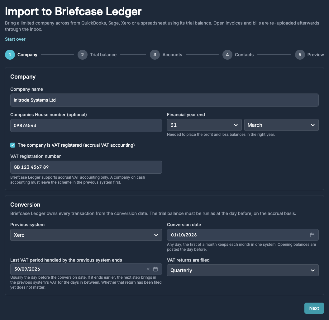 Import to Briefcase Ledger wizard on its first step, with five steps for company, trial balance, accounts, contacts and preview, the company name, Companies House number, financial year end and VAT registration filled in, and Xero chosen as the previous system with a 1 October conversion date