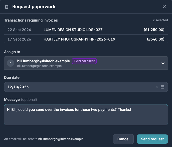 Request paperwork modal listing two bank transactions that need invoices, with the request assigned to an external client by email, a due date and a short message, and a Send request button