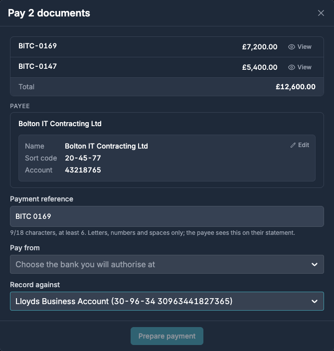 Pay 2 documents modal: two invoices from Bolton IT Contracting Ltd totalling £12,600, the supplier’s confirmed name, sort code and account number, an editable payment reference, a choice of bank to pay from and the ledger bank account to record the payment against
