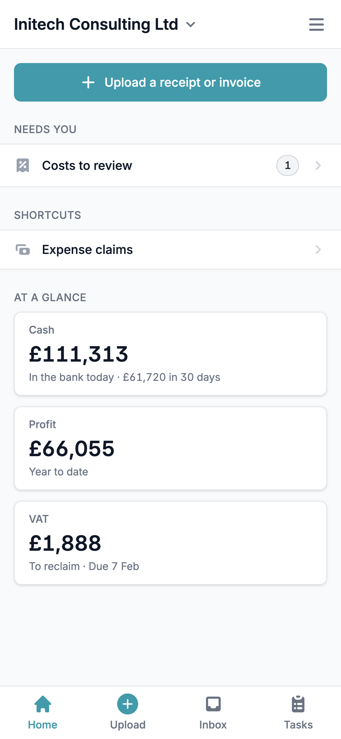 Mobile home for Initech Consulting Ltd with an Upload a receipt or invoice button, one cost to review, an Expense claims shortcut, and At a glance cards for £111,313 cash in the bank, £66,055 profit year to date and £1,888 VAT to reclaim, above a bottom bar with Home, Upload, Inbox and Tasks