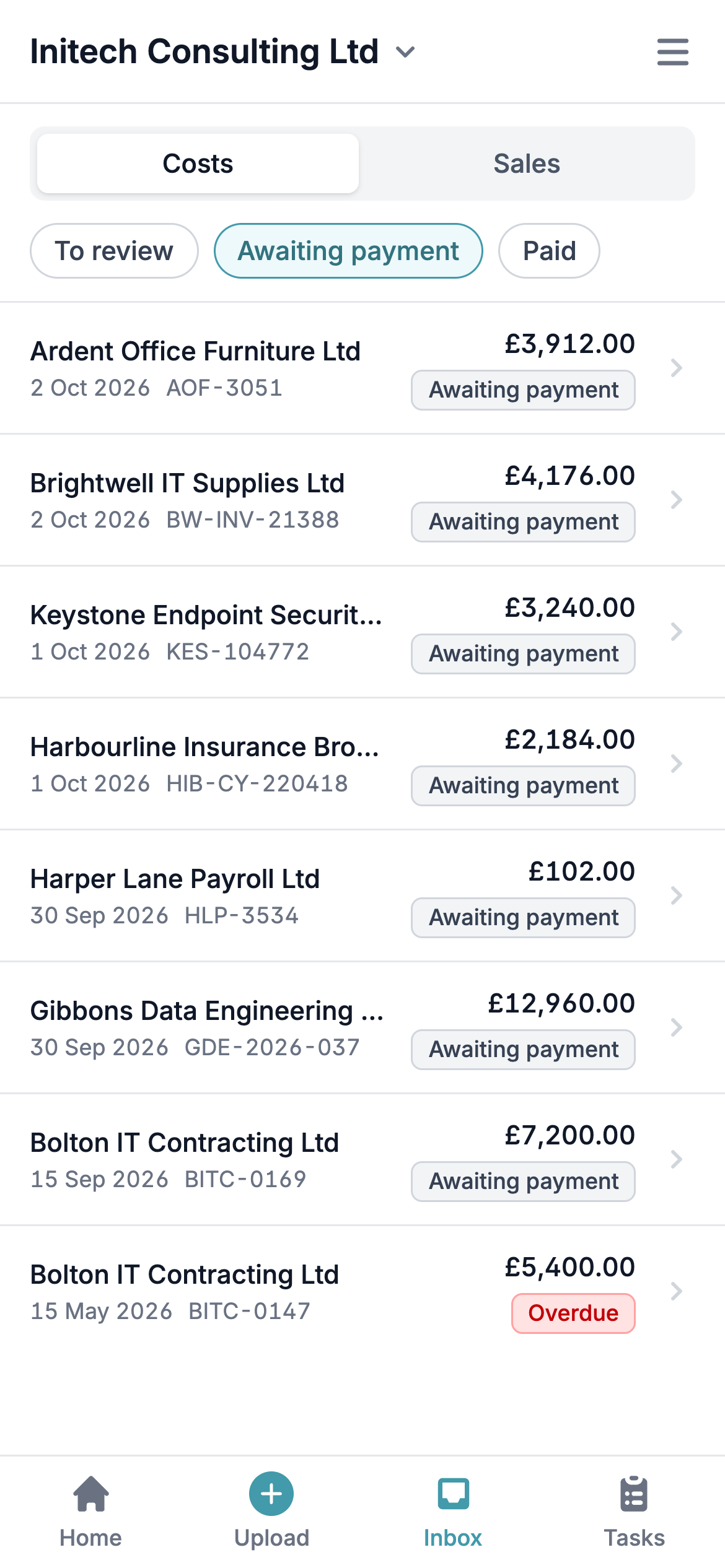 Mobile costs inbox filtered to Awaiting payment, listing bills from suppliers such as Ardent Office Furniture, Brightwell IT Supplies and Gibbons Data Engineering with their date, reference, total and status, and one Bolton IT Contracting bill marked Overdue