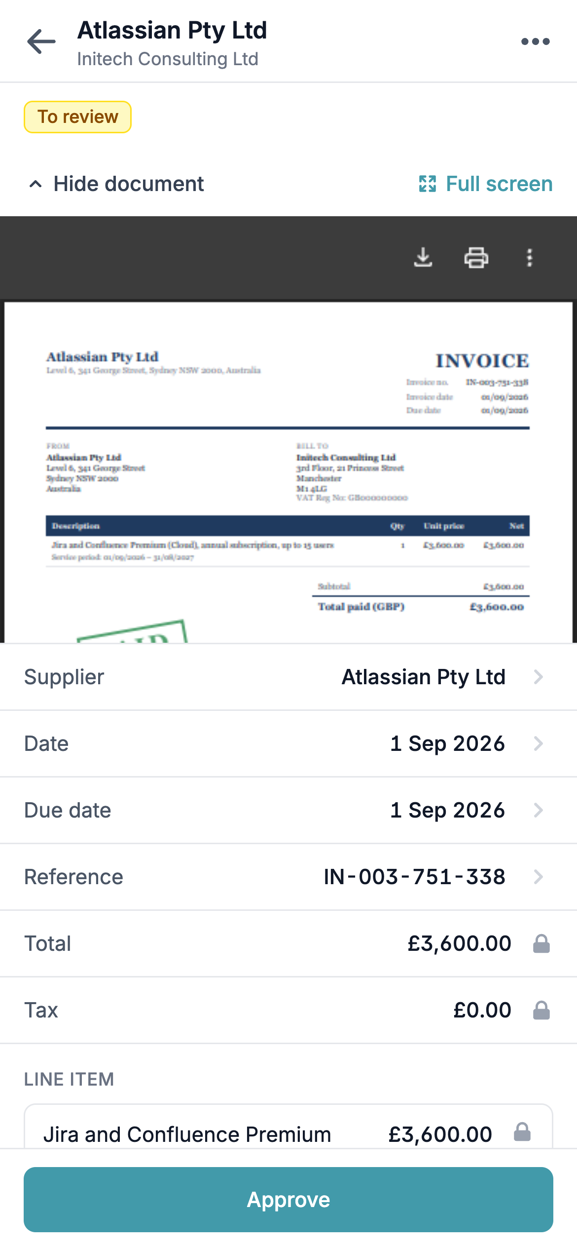 Mobile view of an Atlassian invoice to review, with the invoice shown at the top and the supplier, date, due date, reference, locked total and tax, and a Jira and Confluence Premium line item below, above an Approve button