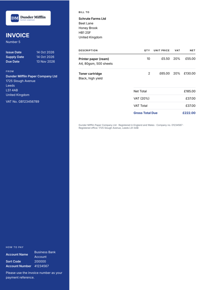 A Dunder Mifflin invoice to Schrute Farms Ltd in the Sidebar style, with the logo, dates, business address and payment details in a navy band down the left, and printer paper and toner cartridge lines totalling £222.00