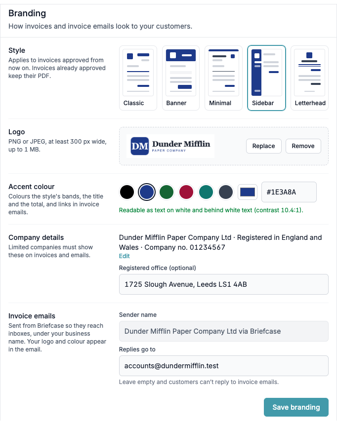 Branding settings for Dunder Mifflin Paper Company Ltd with the Classic, Banner, Minimal, Sidebar and Letterhead styles, the company logo, a navy accent colour, company number and registered office, and the sender name and reply-to address for invoice emails
