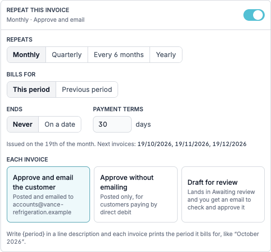 Repeat this invoice settings with Monthly selected, billing for this period, no end date, 30-day payment terms and the next three invoice dates, above three options for each invoice: Approve and email the customer, Approve without emailing, and Draft for review