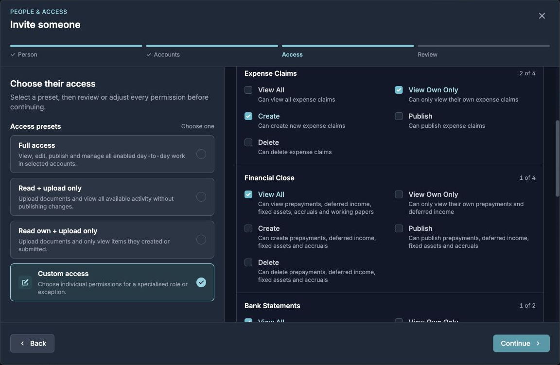 Set expense claim permissions Custom access with Expense Claims View Own Only and Create selected while Publish is off