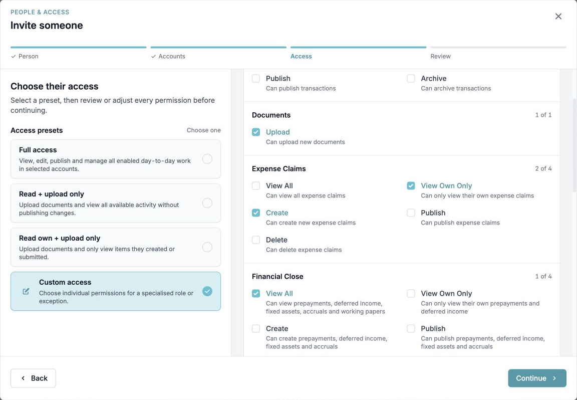 Set expense claim permissions Custom access with Expense Claims View Own Only and Create selected while Publish is off