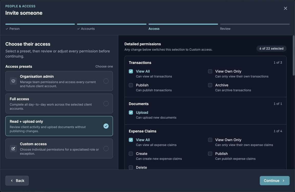 The Access step of the Invite someone window, showing access presets and individual permissions
