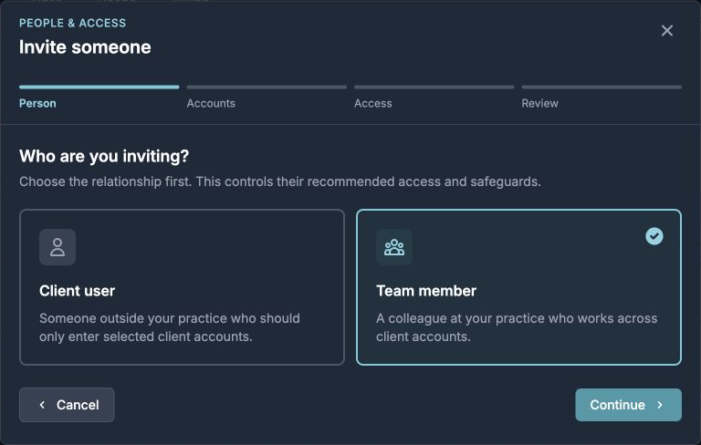 Choose who you are inviting The Person step of the Invite someone window, with Client user and Team member choices