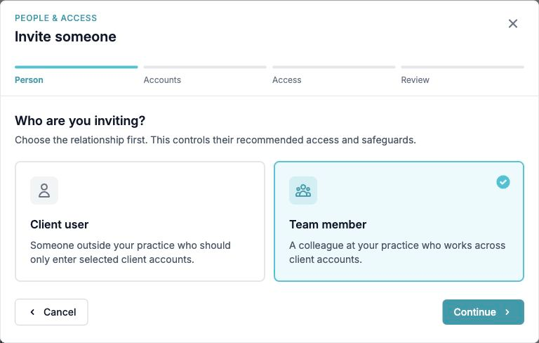 Choose who you are inviting The Person step of the Invite someone window, with Client user and Team member choices