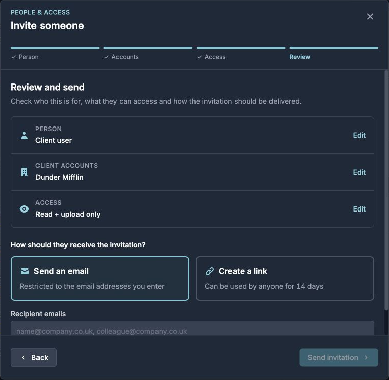 Review and send an invitation The Review step of the Invite someone window, showing the person, client account, access and delivery choices