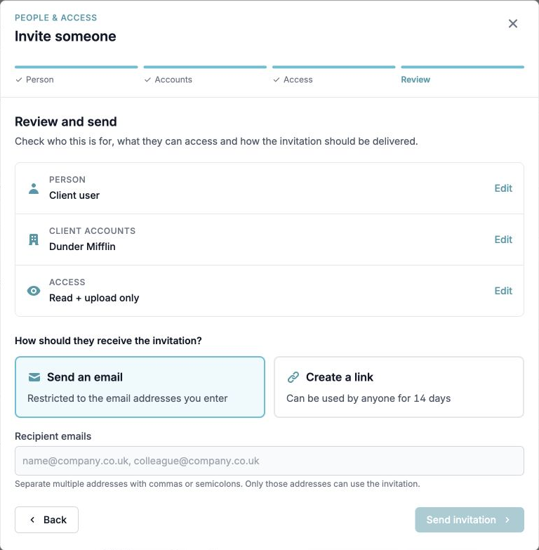 Review and send an invitation The Review step of the Invite someone window, showing the person, client account, access and delivery choices