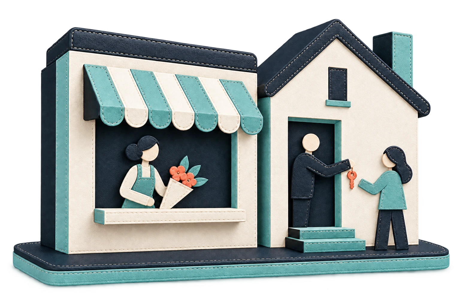 A leather-crafted florist shop beside a landlord handing keys to a tenant at a property doorway.